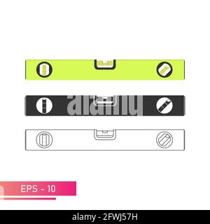 Legen Sie eine Ebene für die Blasenbildung fest. Realistisch, Linien und in einer Farbe. Werkzeuge für Bau und Reparatur. Flache Vektorgrafik. Stock Vektor