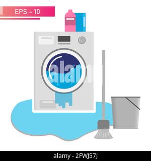 Die Waschmaschine ist kaputt gegangen, und es gab eine große Pfütze auf dem Boden. Eimer und Wischmopp zum Reinigen des Bodens von Wasser. Realistisches Design. Auf einem Stock Vektor