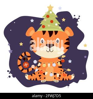 Niedliches Tiger-Junge mit Weihnachtsbaum, Spielzeug und Girlanden. Sitzt auf einem violetten Hintergrund mit Sternen. Jahr des Tigers auf Chinesisch oder orientalisch. Vektor Stock Vektor