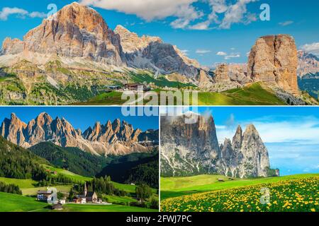 Spektakuläre Collage von Reise- und Wanderzielen in den Dolomiten. Felsformation Cinque Torri, Ferienorte Santa Maddalena und Seiser Alm, Italien, Europa Stockfoto