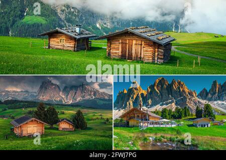 Fantastische Collage von Holzchalets in der Natur mit schöner Aussicht und atemberaubenden Landschaften, Dolomiten, Italien, Europa Stockfoto