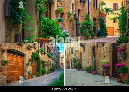 Fantastische Collage aus geschmückten Straßen mit Blumen in der Toskana und fantastischen Reisezielen. Majestätische blumige Straßen Kollektion, Toskana, Italien, E Stockfoto