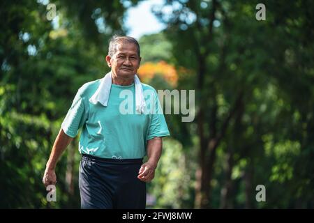 Glücklicher asiatischer Senior Arm Swing und Joggen im Herbstpark. Konzept eines gesunden Lebensstils für Senioren. Stockfoto