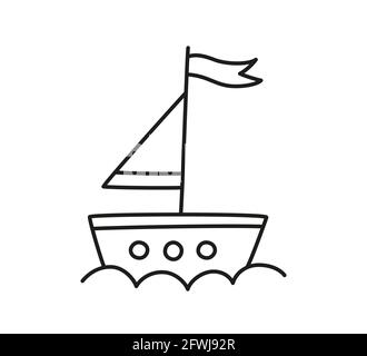 Handgezeichnetes Segelschiff auf den Wellen. Doodle-Boot. Kinderzeichnung. Isolierte Vektordarstellung im Doodle-Stil auf weißem Hintergrund Stock Vektor