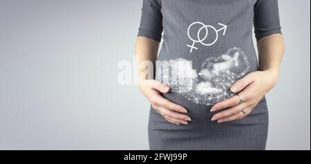 Mittelteil der Schwangeren, die den Bauch mit dem Hologramm-Unfrauenbild von Grey Background berühren. Nahaufnahme, Kopierbereich. Stockfoto