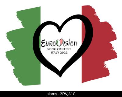 Italien 2022 Eurovision. Text Song Contest Italien 2022 Eurovision Heart on Italy Flagge auf weißem Hintergrund Stockfoto