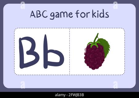 Kind Alphabet Mini-Spiele im Cartoon-Stil mit dem Buchstaben B - Brombeere. Vektor-Illustration für Spiel-Design - Schneiden und spielen. Lerne abc mit Flash-Karten für Obst und Gemüse. Stock Vektor