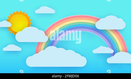 Schöne, flauschige Wolken am blauen Himmel mit der Sommersonne und einem Regenbogen. Vektorgrafik. Papierschnitt. Stock Vektor