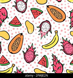 Vektor nahtloses Muster von handgezeichneten tropischen Früchten: Papaya, Drachenfrucht, Banane, Wassermelone, Mango. Stockfoto