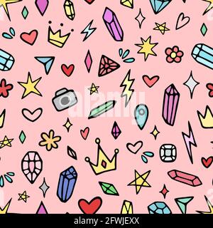 Vektor nahtlose bunte Muster mit verschiedenen Sternen, funkelt, Kristalle, Herzen, Diamanten. Handgezeichnet, Doodle-Stil. Design für Tapete, Verpackung Stockfoto