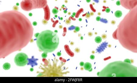 Mikrobiom Körper gesunde Ernährung menschliche Gesundheit Mikroben im Menschen 3D-Rendering von Darmbakterien Stockfoto