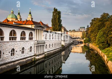 Der zentrale Marktplatz und die Kathedrale am Ufer der Ljubljanica in Ljubljana, Slowenien Stockfoto