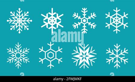 Weiße Schneeflocke auf blauem Hintergrund. Sammlung von 8 Schneeflocken. Niedliches grafisches Element für die Winterlandschaft. Dekoration zu Weihnachten und Neujahr. Vektor Stock Vektor