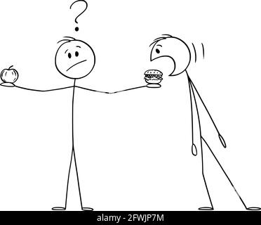 Person hält Apple Fruit und Burger oder Hamburger, denkt über gesunde Ernährung und Lebensstil, Vektor Cartoon Stick Abbildung Stock Vektor