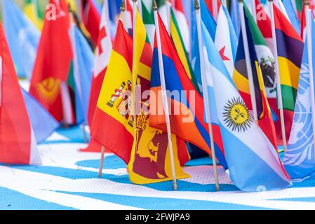 UN75. Flaggen zur Feier des 75. Jahrestages der Vereinten Nationen in Westminster, London, Großbritannien. Verspätete Feier ab 2020 Stockfoto