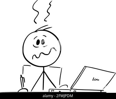 Gestresste überarbeitete Person oder Mann, der hinter dem Schreibtisch sitzt und im Büro am Computer arbeitet, Vektorgrafik Cartoon Stick Abbildung Stock Vektor