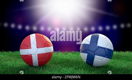 Zwei Fußballbälle in Flaggen-Farben auf Stadion verschwommener Hintergrund. Dänemark und Finnland. 3d-Bild Stockfoto