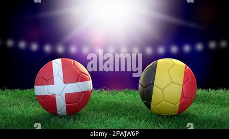 Zwei Fußballbälle in Flaggen-Farben auf Stadion verschwommener Hintergrund. Dänemark und Belgien. 3d-Bild Stockfoto