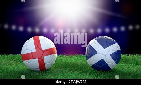 Zwei Fußballbälle in Flaggen-Farben auf Stadion verschwommener Hintergrund. England und Schottland. 3d-Bild Stockfoto