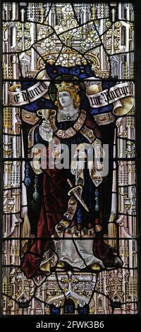 Buntglasfenster von Percy Bacon & Brothers mit Darstellung von König Edward dem Märtyrer, Lady St. Mary Church, Wareham, Dorset Stockfoto