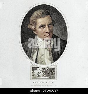 Captain James Cook FRS (7. November 1728[NB 1] – 14. Februar 1779) war ein britischer Entdecker, Navigator, Kartograph und Kapitän der britischen Royal Navy, berühmt für seine drei Reisen zwischen 1768 und 1779 im Pazifischen Ozean und insbesondere nach Australien. Er machte detaillierte Karten von Neufundland, bevor er drei Reisen in den Pazifik unternahm, während derer er den ersten aufgezeichneten europäischen Kontakt mit der Ostküste Australiens und den Hawaii-Inseln und die erste aufgezeichnete Umrundung Neuseelands erreichte. Kupferstich aus der Encyclopaedia Londinensis oder, Universal dict Stockfoto