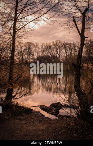 Ein wunderschöner Spaziergang am See, als die Sonne aufging Woodhall Lake in der Nähe von Calverley in Yorkshire Stockfoto