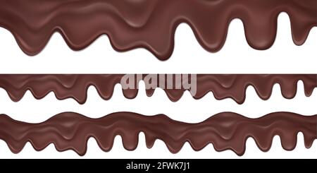 Nahtloser Vektor-horizontaler Rand von flüssiger tropfender dunkler Schokolade. Süßigkeiten Verpackung Dekoration isoliert auf weißem Hintergrund. Stock Vektor