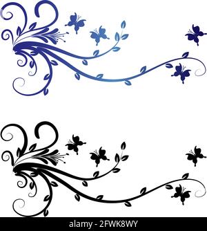 Kalligrafische Dekorationselemente mit Linien und Blatt und Blumen Schmetterling Stockfoto
