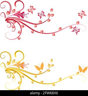 Kalligrafische Dekorationselemente mit Linien und Blatt und Blumen Schmetterling Stockfoto