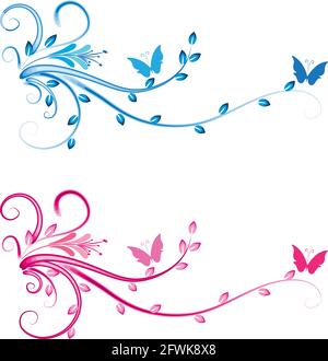 Kalligrafische Dekorationselemente mit Linien und Blatt und Blumen Schmetterling Stockfoto