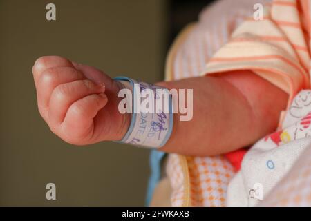 Blaues Namensband am Handgelenk eines Jungen, Band an der Hand eines Babys Stockfoto