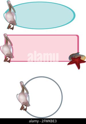 Eine Illustration von rosa und blauen Etiketten mit Pelikanfiguren Figuren auf weißem Hintergrund Stockfoto