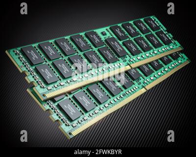 DDR RAM-Computerspeichermodule auf schwarzem Hintergrund. 3d-Illustration Stockfoto
