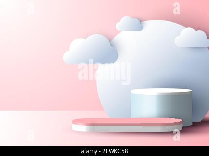 3D realistische abstrakte minimale Szene leeres Podium Display mit Wolke Papier Schnitt Stil auf weichem rosa Hintergrund. Design für Produktpräsentation, Modellbau, Stock Vektor