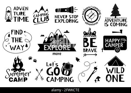 Adventure-Schriftzug. Reisen, Wandern, Camping-Zitate mit Doodle-Elementen. Sommer Urlaub, Tourismus Abenteuer Hand gezeichnet Logo Vektor gesetzt. Ausrüstung für die Erkundung als Zelt, Rucksack Stock Vektor