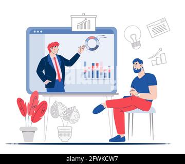 Online-Geschäftsschulungen oder Remote-Coaching von Unternehmen. Webinar- und Online-Manager-Webkonferenz. Schulung der Finanzmitarbeiter, Karikatur ve Stock Vektor