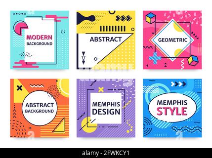 Memphis-Karte. Funky abstraktes Poster mit geometrischen Formen, Texturen, grafischen Elementen. Retro 90s Pop Art Stil Hintergrund Vektor-Set. Punkte und Linien, Dreiecke und Kreise schmücken Stock Vektor