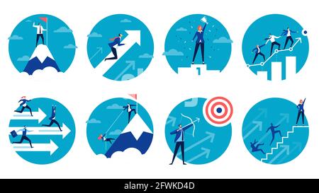 Geschäftserfolg. Geschäftsmann Ziele erreichen, klettern Corporate Leiter. Teamleiter hilft Mitarbeitern. Leadership, Teamwork Vektor-Konzept gesetzt. Frau, die den Pokal hält, gewinnt im Wettbewerb Stock Vektor