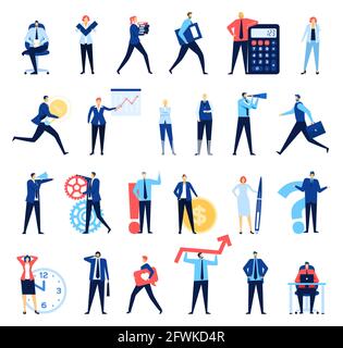 Geschäftsbüros. Manager und Mitarbeiter von Unternehmensbüros. Geschäftsmann am Schreibtisch. Männer und Frauen Mitarbeiter bei der Arbeit Vektor-Set. Person, die eine Idee hat, spricht im Megaphon Stock Vektor