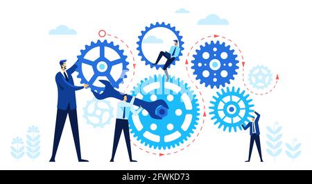 Geschäftsleute mit Zahnrädern. Team arbeitet zusammen, um die Gänge zu drehen. Teamarbeit, Arbeitsorganisation, Zusammenarbeit, Geschäftsmechanismus Vektor-Konzept. Mitarbeiter im Unternehmen, Büroangestellte arbeiten zusammen Stock Vektor