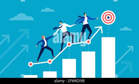 Zielerreichung. Das Geschäftsteam läuft bis zum Ziel. Kollegen helfen sich gegenseitig beim Erreichen von Zielen. Karriereentwicklung, Partnerschaft, Teamwork-Vektor-Konzept. Team geht entlang der Diagrammleiste, um zu zielen Stock Vektor