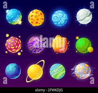 Fantasy-Planet. Cartoon fantastische außerirdische Planeten, bunte magische Welten. Raum Galaxie Universum kosmische Elemente für Spiel-Design-Vektor-Set. Krater und Kometen Oberfläche in verschiedenen Farben und Formen Stock Vektor