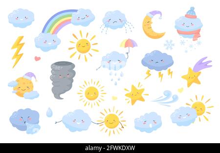 Süßes Wetter. Cartoon-Wetter-Charaktere mit glücklichen Gesichtern. Wolken, Blitz, Regenbogen, Sonne, Mond, Stern. Vektorsymbole für die Kawaii-Meteorologie. Weinende Wolke, die den Regenschirm für die Prognose hält Stock Vektor