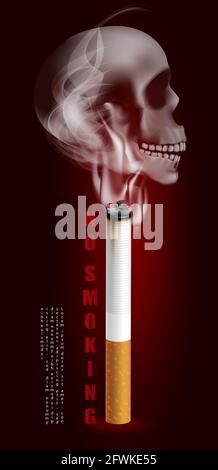 Stop Smoking Kampagne Illustration keine Zigarette für Gesundheit Zigarette und Beängstigender menschlicher Schädel Stock Vektor