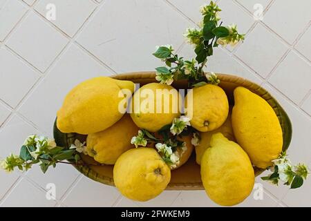 Mehrere Zitronen in einem ovalen Keramikkorb mit Stielen und Wildblumen auf einem weißen Kunststofftisch platziert. Stockfoto