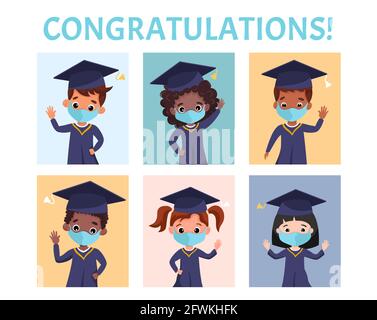 Glücklich graduierte Kinder tragen medizinische Masken, akademische Kleid und Kappe. Stock Vektor