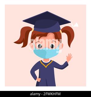 Cute Graduate Girl in medizinische Maske, akademische Mütze und Mantel feiert Kindergarten oder Schulabschluss online Stock Vektor