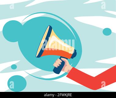 Vector Promotion und Werbekonzept. Mann hält Lautsprecher und kündigt etwas wichtiges für die Öffentlichkeit. Stock Vektor