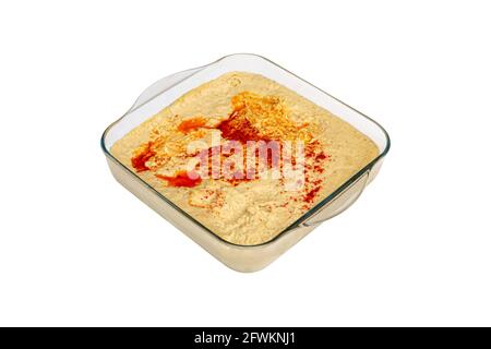 Traditionelle Vorspeisengerichte „Humus“ auf einer Glasplatte. Draufsicht Stockfoto