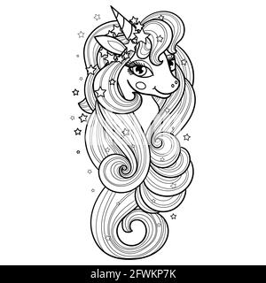 Ein süßes Einhorn mit einer langen Mähne. Lineares Schwarzweißbild. Vektor Stock Vektor
